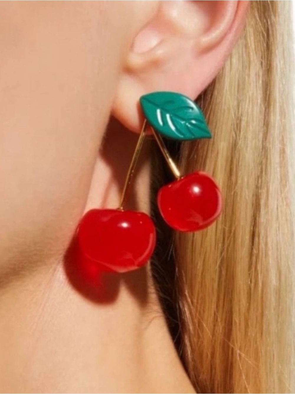 Lele Sadoughi Red Cherry Drop Earrings with Teal Leaves
